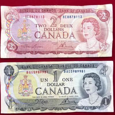 Canadian Currency $1 and $2 Dollar Bills Canada 1973, 1974
