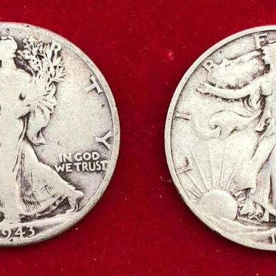 2 Standing Liberty Half Dollars US 90% Silver Coins 1943, 1946 
