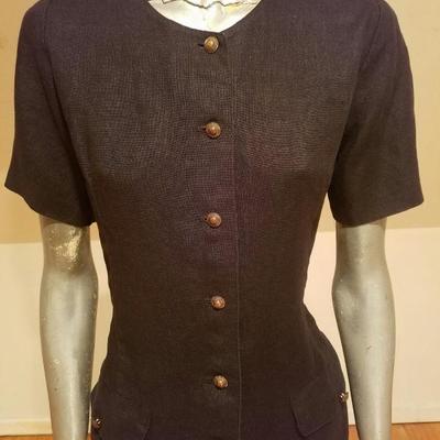 Vtg  GUY LAROCHE Paris navy blue Linen dress brass button front