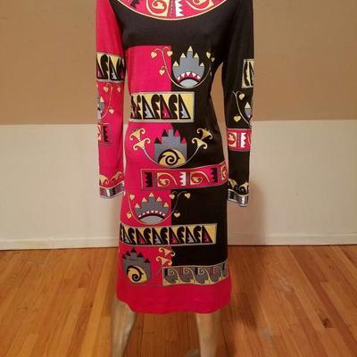 Vtg 1960 Signed Paganne dress Aztec print Rare 