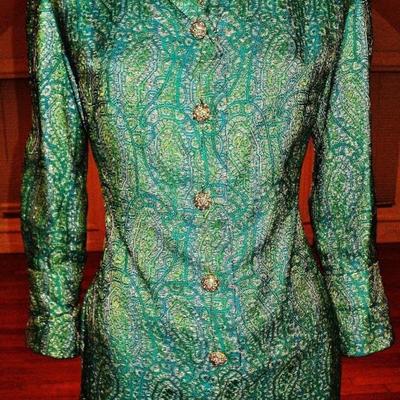 Vtg 1960's Metallic brocade coat dress aqua with gold rhinestone buttons