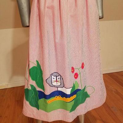 Vtg Pinafore seersucker dress with embroidered animal applique'