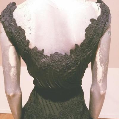 Vtg French Shantung full sweep dress Guipure lace swirl embroidery