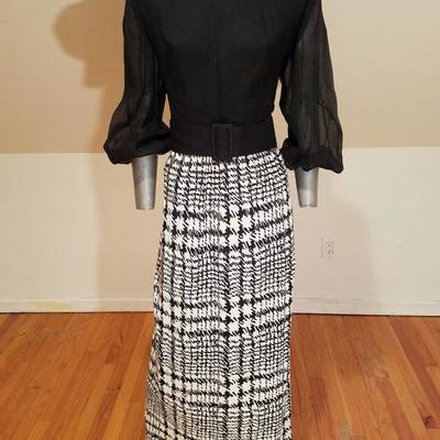 Vtg Classic Lady by Constantine maxi jersey dress voile bodice belt