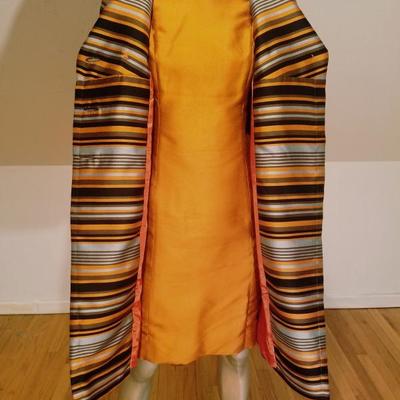 Vtg Silk Shantung Opera Ensemble Coat and Dress crystal buttons