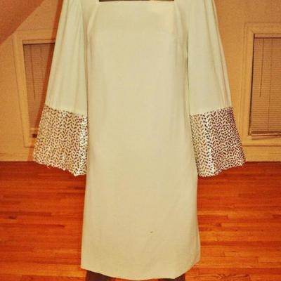 vtg 1950's mod Trapeze embellished dress bell sleeves metal zipper gold sequins