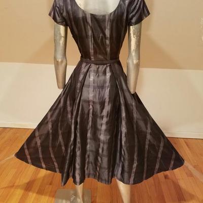 Vtg  1950's Silver grey Shantung full sweep dress w/belt 