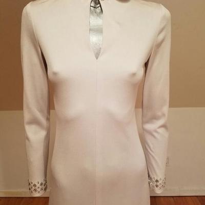 Vtg 1960's Mardi Gras Cheongsam silver grey maxi embellished gown