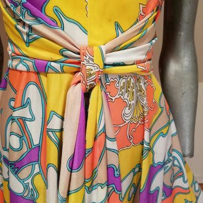 Vtg 1970's Hobo Chic Trapeze hand printed maxi fluid colorful gown