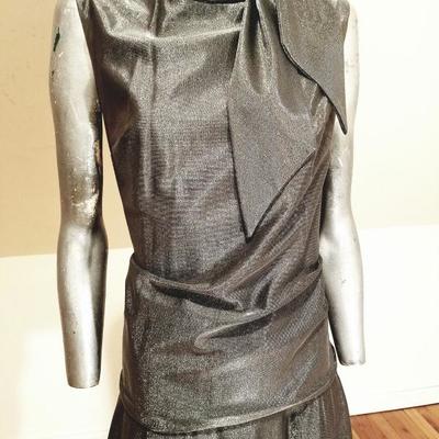 Vtg 1950 Charleston silver metallic lame' kitten dress kitten bow tie neck 