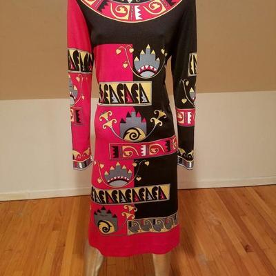 Vtg 1960 Signed Paganne dress Aztec print Rare 