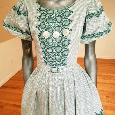 Vtg 1940's grid & floral full sweep cotton dress button detail/ belt
