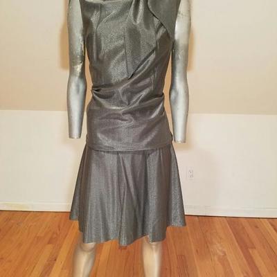 Vtg 1950 Charleston silver metallic lame' kitten dress kitten bow tie neck 