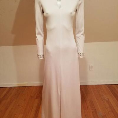 Vtg 1960's Mardi Gras Cheongsam silver grey maxi embellished gown