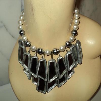 Vtg 1960's Gun Metal Necklace hanging mirrors on resin choker style with pearls