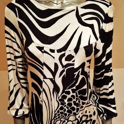 Vtg black/white Animal printed Wiggle dress pleats Made in Italy