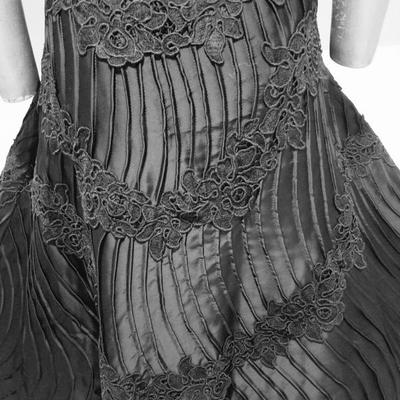 Vtg French Shantung full sweep dress Guipure lace swirl embroidery