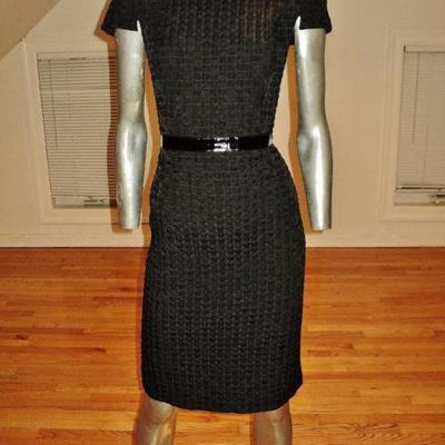 Vtg Carmen Marc Valvo puckered wiggle dress with patent leather black belt