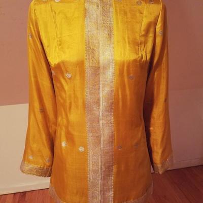 Vtg 1960 Chinese gold embroidery pure silk Cheongsam ensemble  
