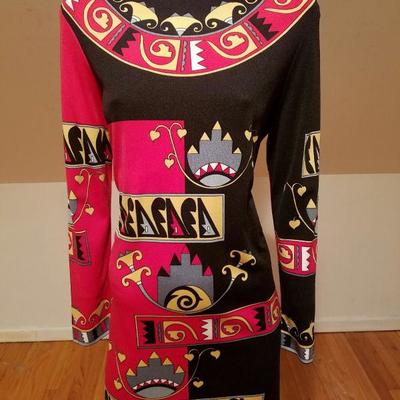 Vtg 1960 Signed Paganne dress Aztec print Rare 