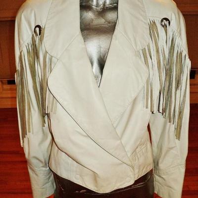 Vtg Western leather white fringe jacket metal silver hardware