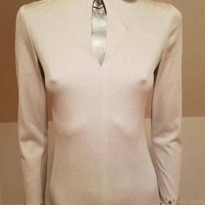 Vtg 1960's Mardi Gras Cheongsam silver grey maxi embellished gown