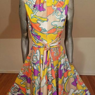 Vtg 1970's Hobo Chic Trapeze hand printed maxi fluid colorful gown