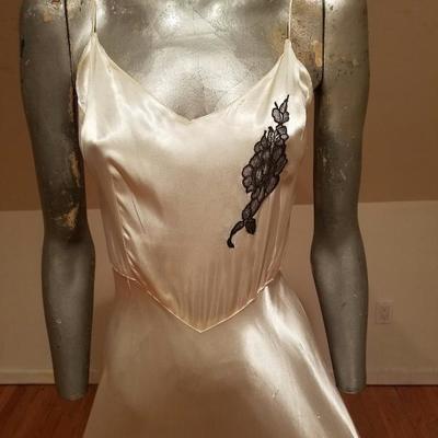 Vtg 1930's Peau de Soie eggshell bias maxi gown lace embroidered applique 