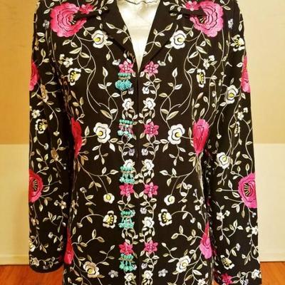 Vtg Japanese silk embroidered and aqua beaded Long kimono Jacket