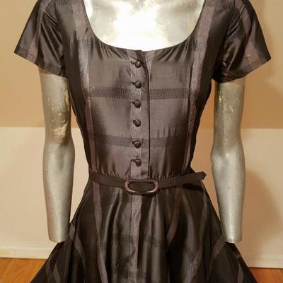 Vtg  1950's Silver grey Shantung full sweep dress w/belt 