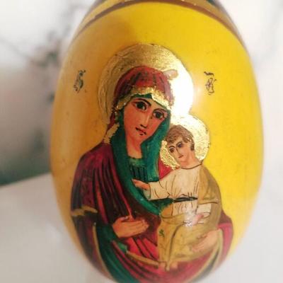 Antique Russian Signed gold hand painted large Egg Madonna & Child 