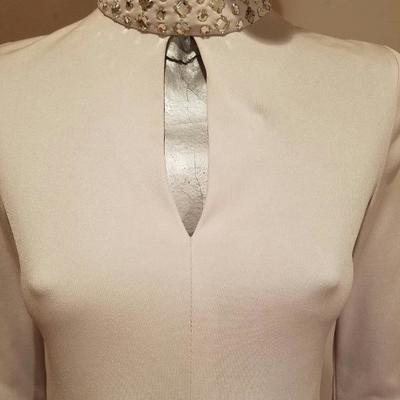 Vtg 1960's Mardi Gras Cheongsam silver grey maxi embellished gown