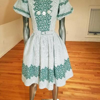 Vtg 1940's grid & floral full sweep cotton dress button detail/ belt