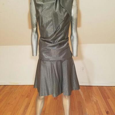 Vtg 1950 Charleston silver metallic lame' kitten dress kitten bow tie neck 