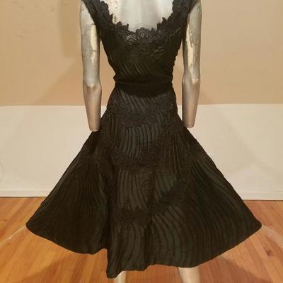 Vtg French Shantung full sweep dress Guipure lace swirl embroidery