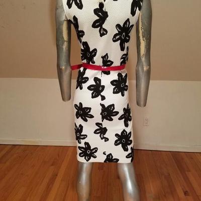 Vtg MOD wiggle piquet print dress red patent leather belt