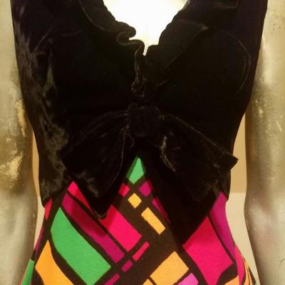 Vtg Elinor Gay Original Maxi Plaid & Velour dress ruffle/bow