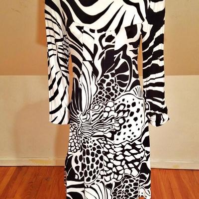 Vtg black/white Animal printed Wiggle dress pleats Made in Italy