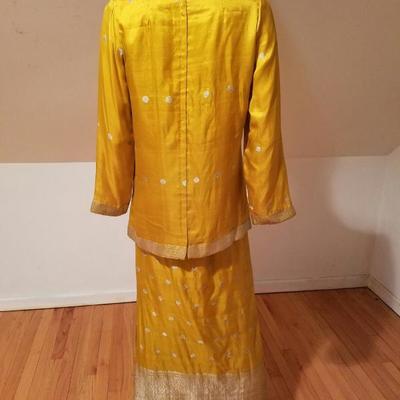 Vtg 1960 Chinese gold embroidery pure silk Cheongsam ensemble  