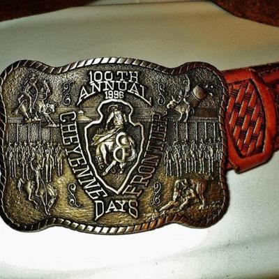  Cheyenne frontier leather carved belt solid brass buckle 100 years frontier days