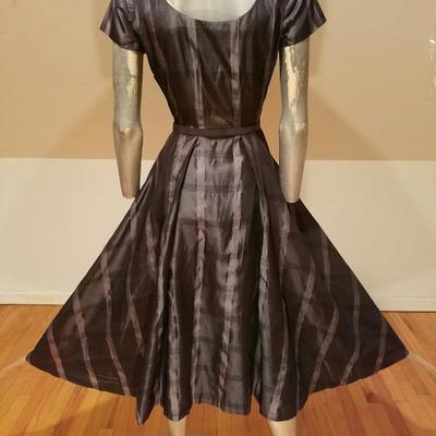 Vtg  1950's Silver grey Shantung full sweep dress w/belt 
