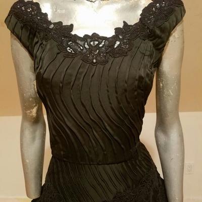 Vtg French Shantung full sweep dress Guipure lace swirl embroidery