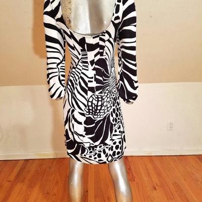 Vtg black/white Animal printed Wiggle dress pleats Made in Italy