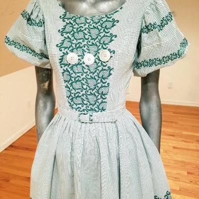 Vtg 1940's grid & floral full sweep cotton dress button detail/ belt