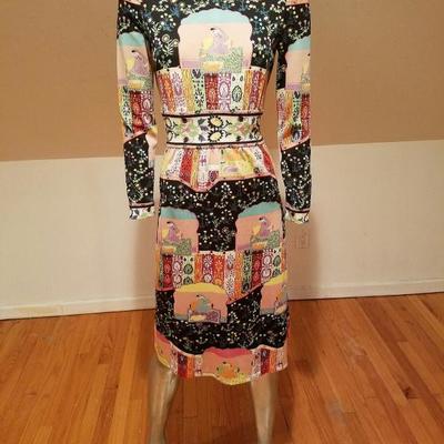 Vtg 1960's Goldworm Italy Hindu printed jersey dress
