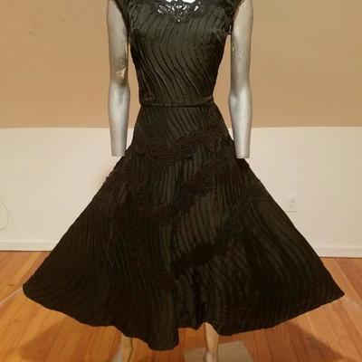 Vtg French Shantung full sweep dress Guipure lace swirl embroidery