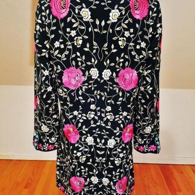 Vtg Japanese silk embroidered and aqua beaded Long kimono Jacket