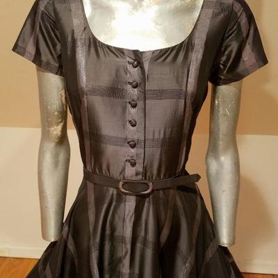 Vtg  1950's Silver grey Shantung full sweep dress w/belt 