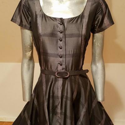 Vtg  1950's Silver grey Shantung full sweep dress w/belt 