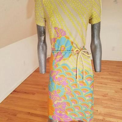 Vtg 1960's Floral silk screened print wiggle dress piped belt acetate 